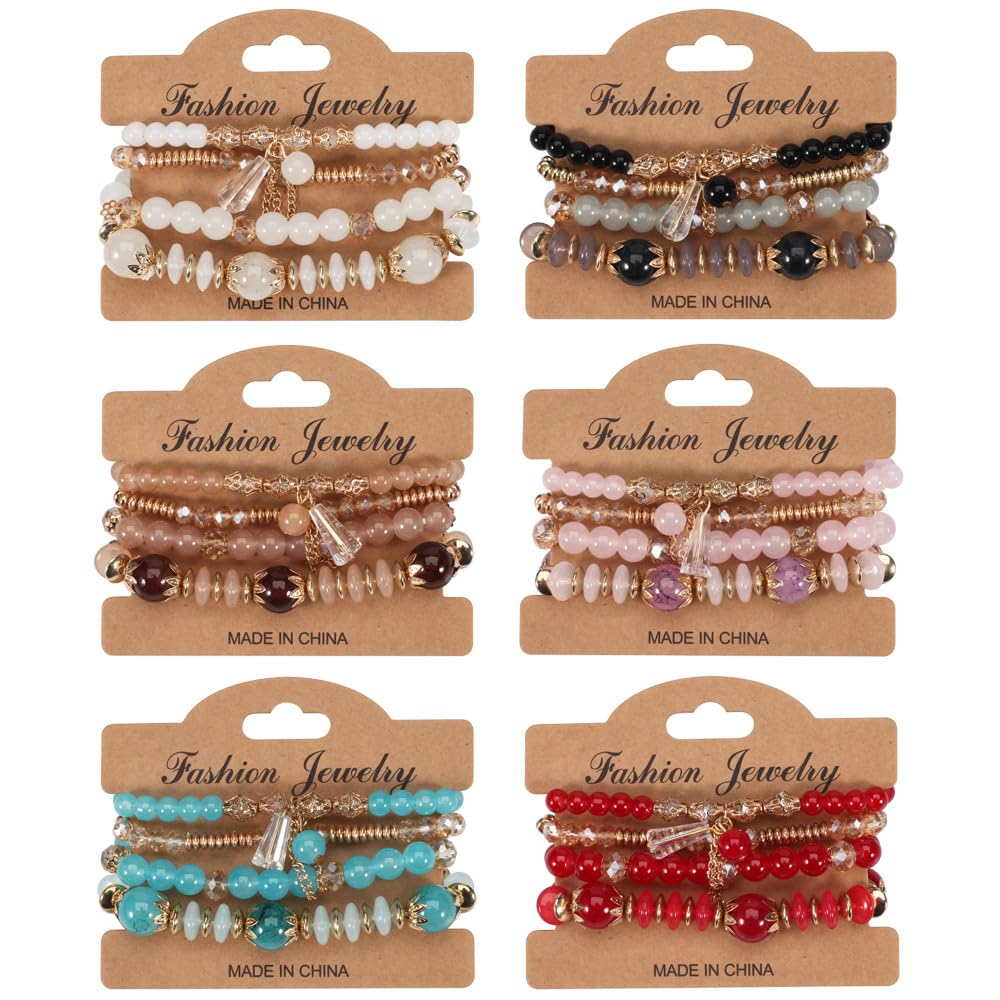 Bohemian Green Jade Stackable Bracelet Set - 4-Layer Stretch Beaded Bracelets with Gold Accents, Boho Jewelry for Women, Fashion Statement Accessory (Gift Ready) (Cherry Blossom Pink)