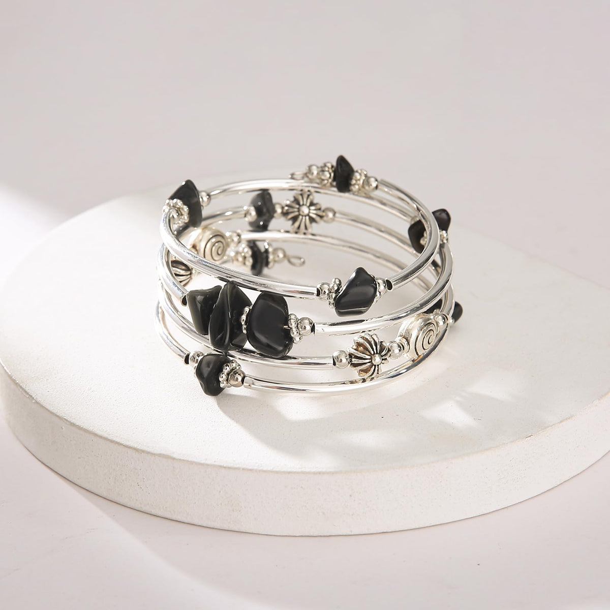 FULU AUTUMN Stone Silver Bangle Wrap Bracelet Boho Turquoise Crystal Chips Bead Bracelets Fashion Jewelry Birthday Gifts for Women(19-Black)