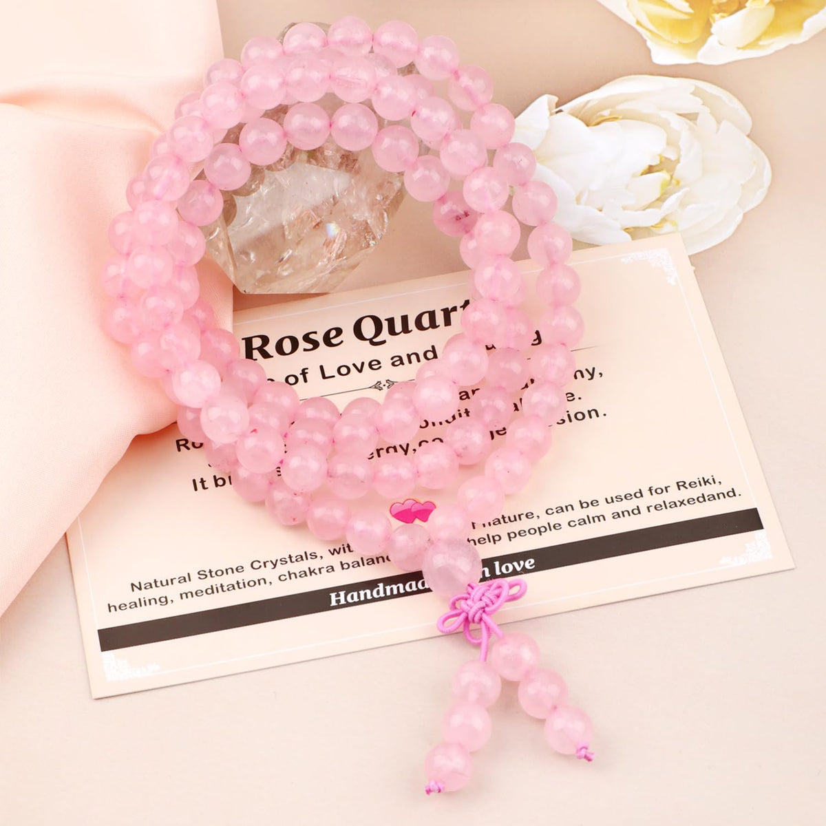 AD Beads 8mm 108 Prayer Mala Rose Quartz Elastic Bracelet - Love and Courage - Handmade Yoga Meditation Healing Power Energy Gifts for Unisex Adult.
