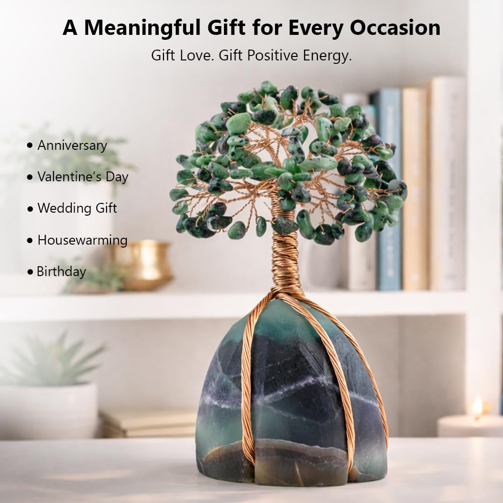 Crocon® Ruby Zoisite Crystals Tree with Fluorite Rough Base, Birthday Gifts for Women & Men, Room Decor, Healing Crystals Spiritual Gift, House Warming Gifts New Home, Birthday Gift - Mom Sister Wife