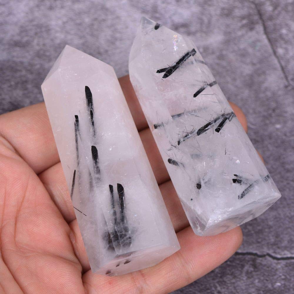 Angelstones Natural Black Rutilated Quartz Gemstone Healing Crystal Hexagonal Pointed Reiki Chakra Faceted Prism Wand Carved Stone Figurine Home Decor