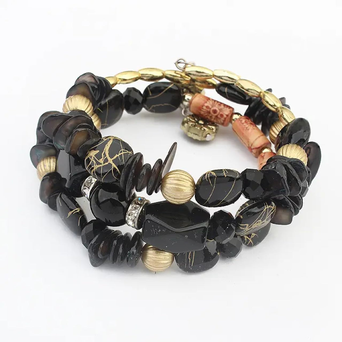 Jewellify Women Retro Crushed Natural Stone Bracelet Multi-Layer Winding Shell Beaded Bracelets (Black)