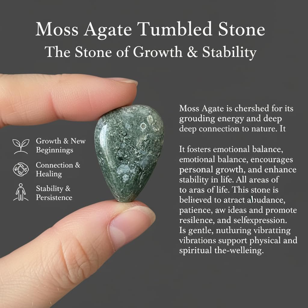 Moss Agate Tumbled Stone – Natural Green Crystal Gemstone for Positivity, Growth & Balance – Pocket Stone for Meditation, Reiki, Chakra, Yoga & Spiritual Décor