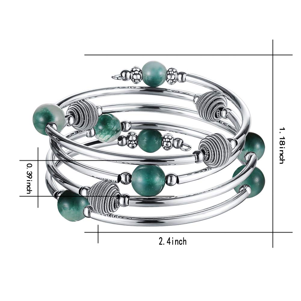 PEARL&CLUB Beaded Chakra Bangle Turquoise Bracelet - Fashion Jewelry Wrap Bracelet with Thick Silver Metal and Mala Beads, Birthday Gifts For Women(63-Jade Green)