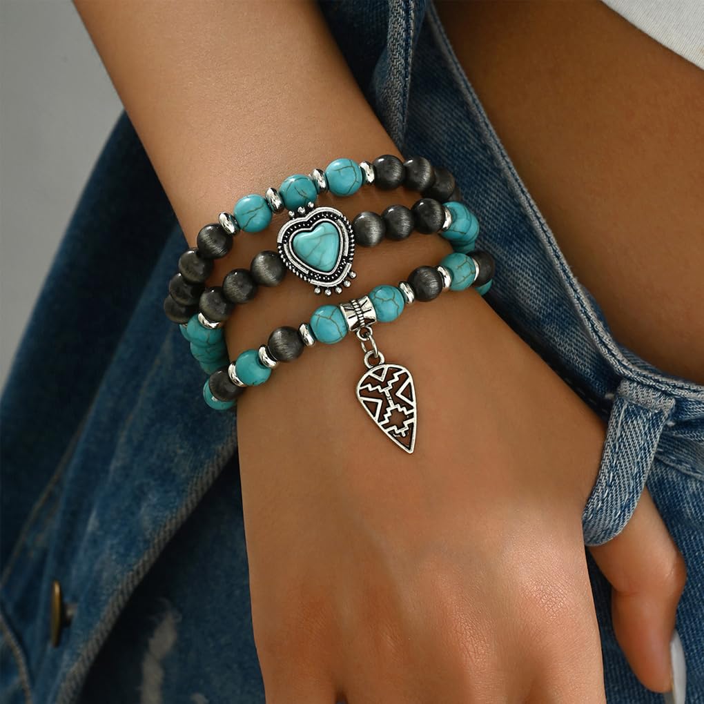 GIGB PBDK Western Cowgirl Turquoise Bracelets for Women Turquoise Beaded Stackable Bracelets Bohemian Heart Feather Bracelet Country Concert Jewelry Accessories (Teal1)