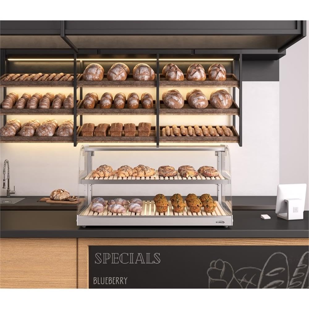 Pemberly Row Glass Countertop Dry Bakery Display Case, 40 in, 5.3 cu. ft. Capacity, Curved Glass, LED Lighting, Stainless Steel and Bamboo Design, Easy-Clean for Pastries and Bread