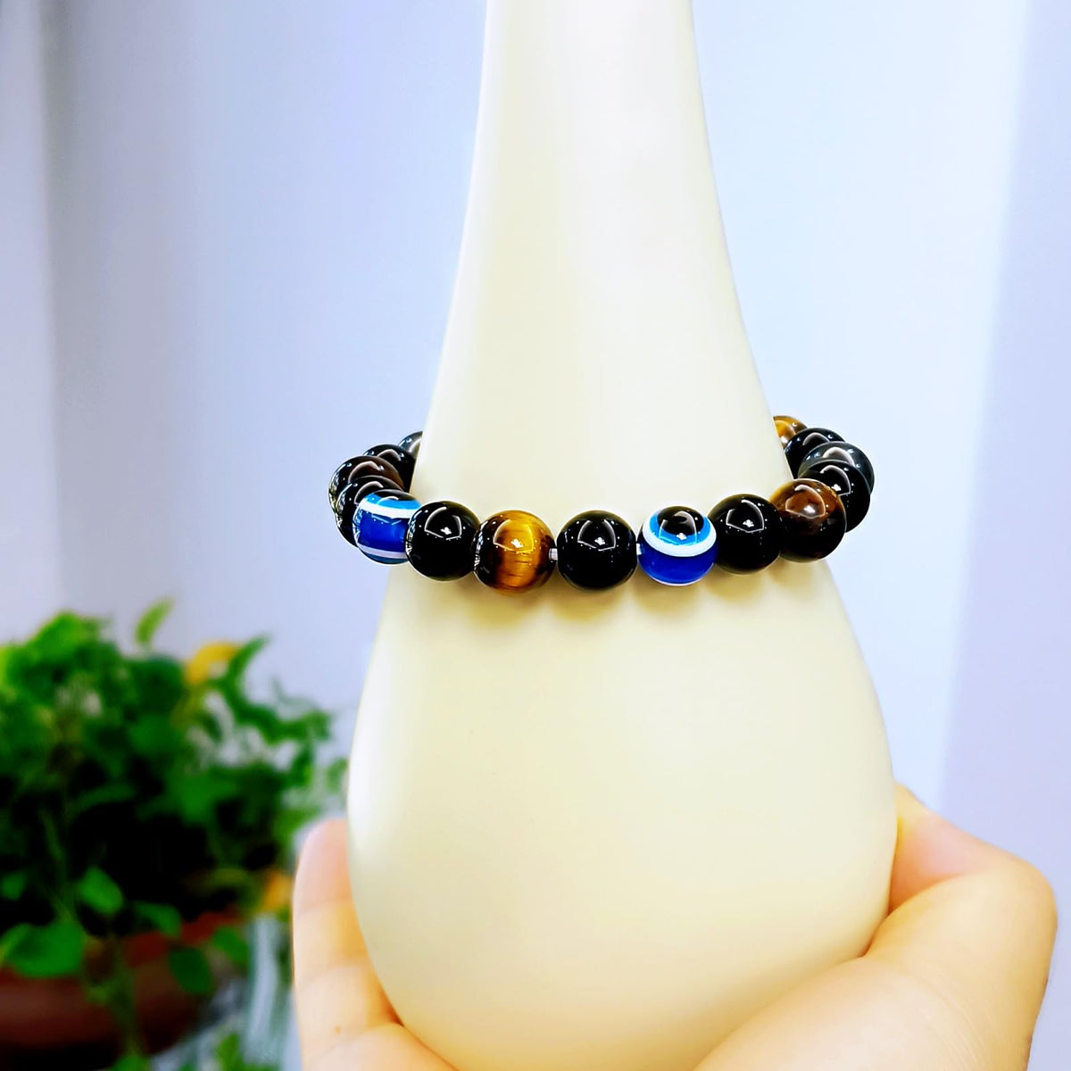 WEFRIN Evil Eye with Hematite Black Obsidian Tiger Eye Stone Triple Protection Bracelets for Men Women, Crystal Healing Stone Bracelet Bring Luck Prosperity and Happiness Jewelry (D-10mm)