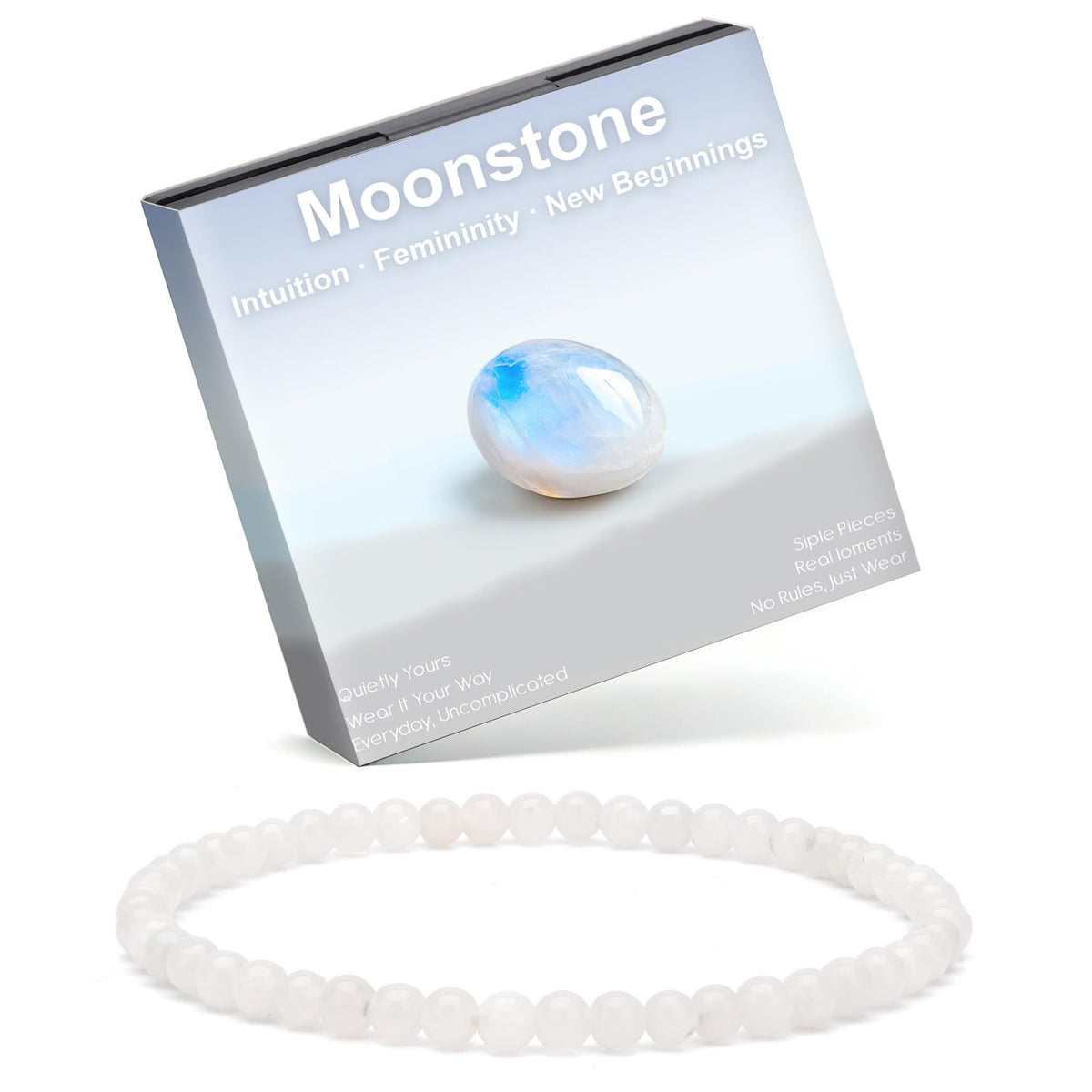 Risyfjew 4MM Handmade Moonstone Natural Gemstone Stretch Elastic Bracelet,PE Film Anti-oxidation Packaging Natural Stone Crystal Healing Power Energy Gifts for Adult