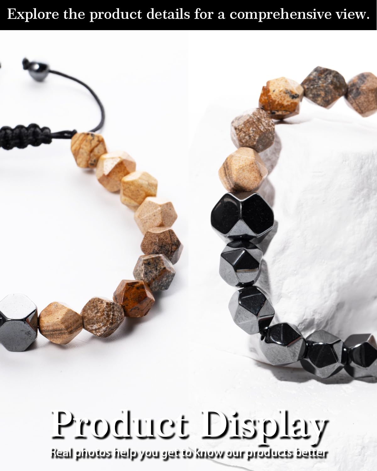 Beaded Bracelet for Men, 10mm Natural Stones Bracelet for Men's Gift, Adjustable Precision-Cut Gemstone Crystal Healing Bracelet, Protection Jewelry Gift with Hematite, Tiger Eye (Picture Stone & Hematite)