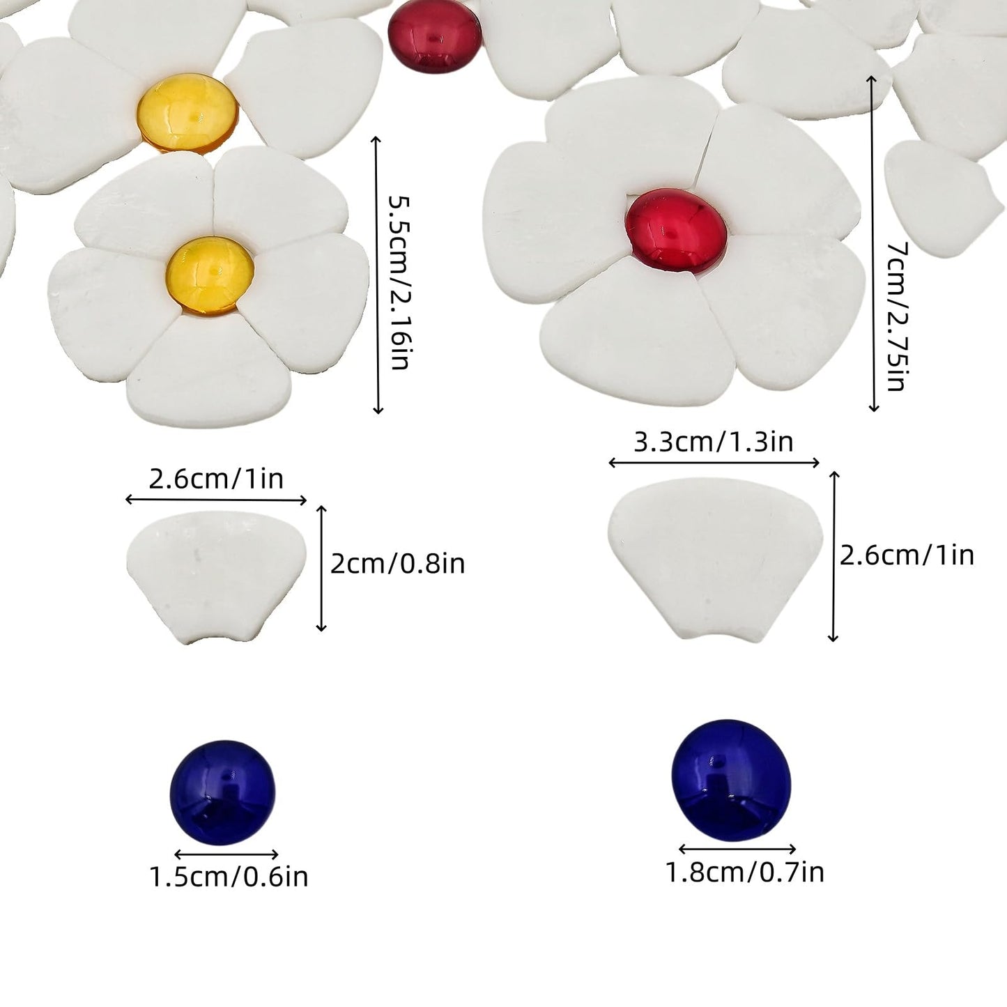 Esweny 12 Flower Stained Glass Mosaic Tiles - 2 Size Floral Petals & Flat Bead Mosaic Glass Pieces for DIY Art Crafts (White)