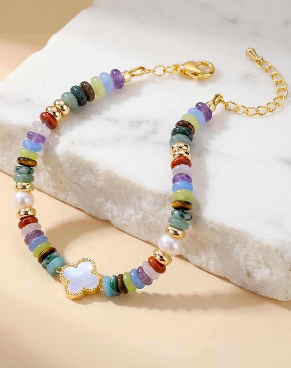 YEETONDA Four Leaf Clover Natural Gemstone Rainbow Bracelets Jewelry 16th 21st 30th 40th 50th 60th 70th 80th Birthday Gifts For Women Mom Sister Friend Daughter Niece(Rainbow)