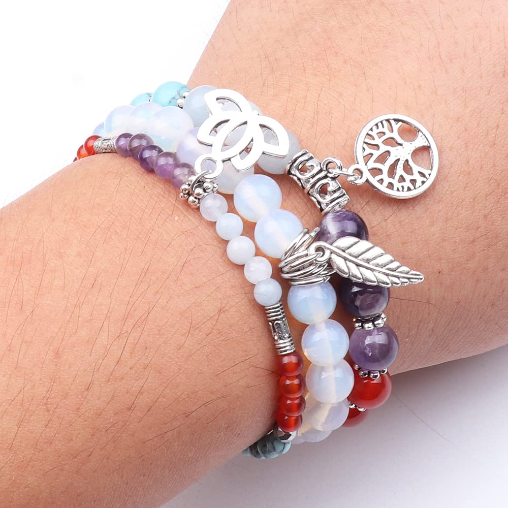 UEUC Natural Gemstone Chakra Bracelets for Women, Multilayer Tree of Life Lotus Crystal Healing Stone Bracelet Sets, Yoga Meditation Reiki Relax Bracelets for Stress Relief(#120)