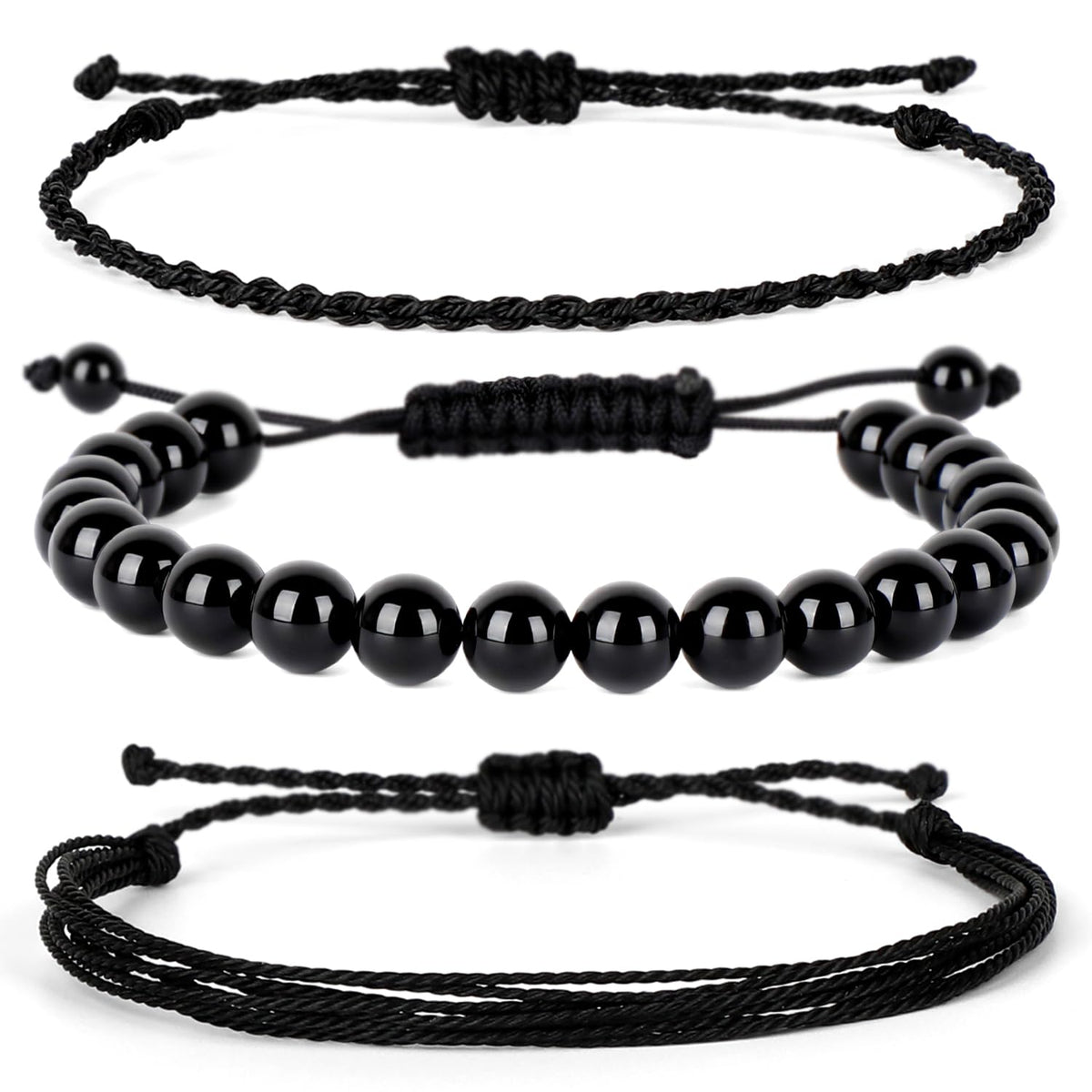 QOGIR Handmade Healing Bracelets,8mm Natural Black Onyx Gem Stone Beads Bracelet for Men Women Gifts with 2PCS Size Adjustable Rope Bracelets