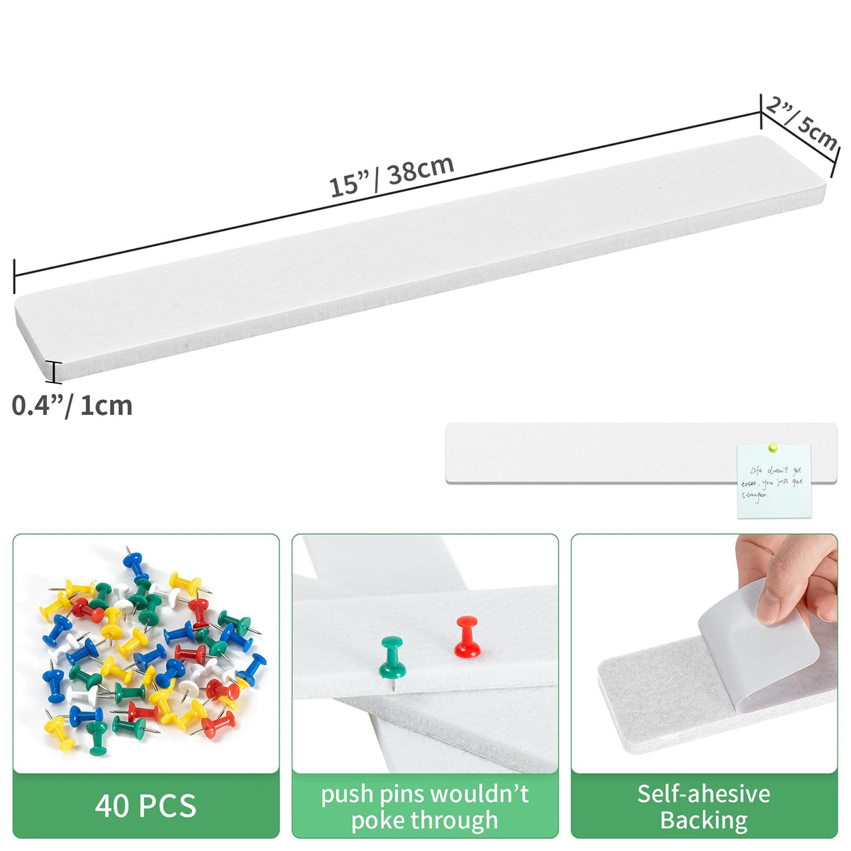 GoTiling Cork Board for Walls - 8 Pack Felt Pin Board Bar Strips - Self-Adhesive Lightweight Bulletin Board - Cork Board for Office with 40 Push Pins No Damage for Wall (White)
