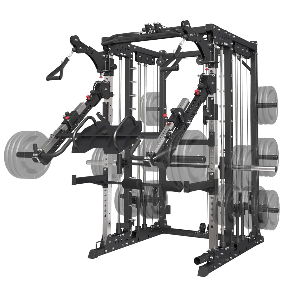 FAGUS H Black Commercial Smith Machine with Smith Bar, 4000LB Power Cage Squat Rack with Lever Arm, Leg Press, LAT Pull Down System, Multi-Function Linear Bearing Cable Crossover Machine for Home Gym