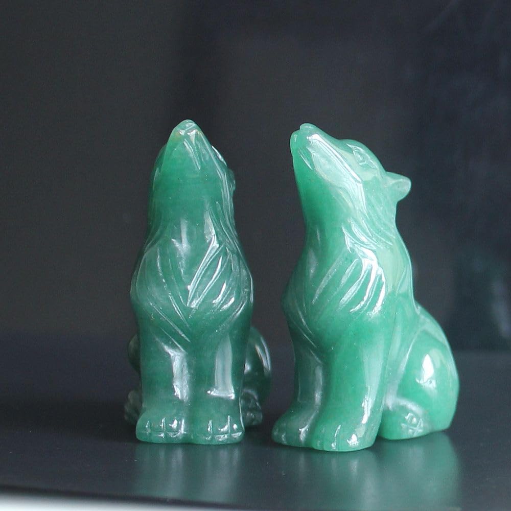 HLbshi Hand Carved Gemstone Crystal Wolf Figurine Animal Statue Carving Office Home Decor Collections 2'' (Green Aventurine)