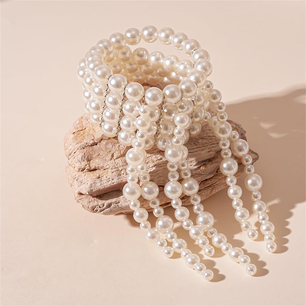 Sither Layerd Pearls Bracelet for Women Boho Large Pearls Stretch Bracelet Jewelry Set for Halloween Christmas Gift