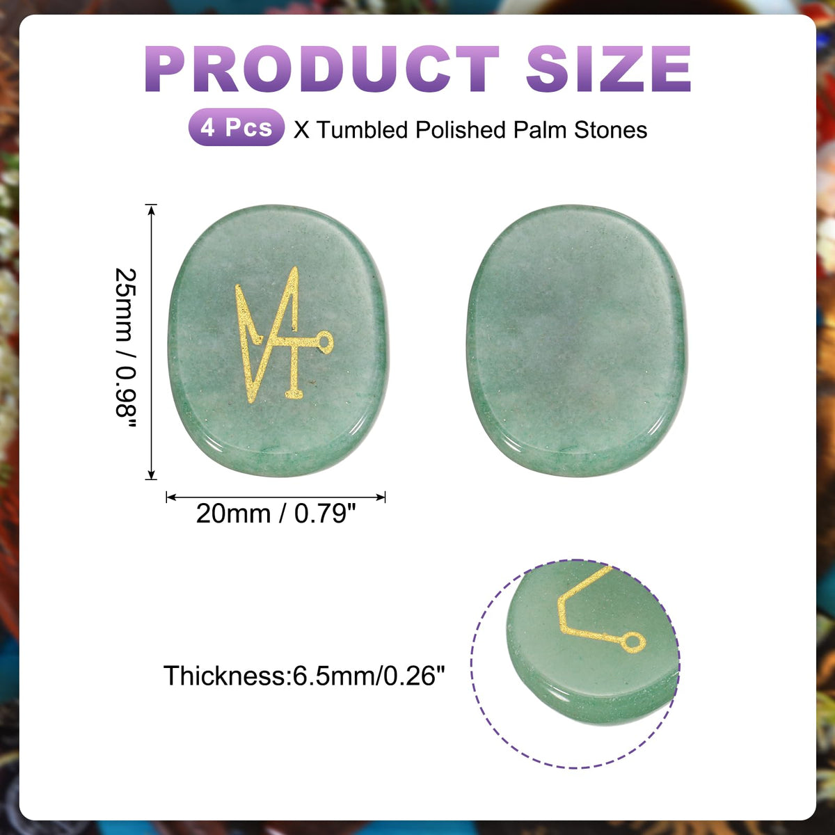 MECCANIXITY 4Pcs Engraved Chakra Stones with Reiki Symbols, Green Aventurine Reiki Healing Crystal Gemstone 7 Chakra Crystal Stones Tumbled Palm Stone for Anxiety Relieve