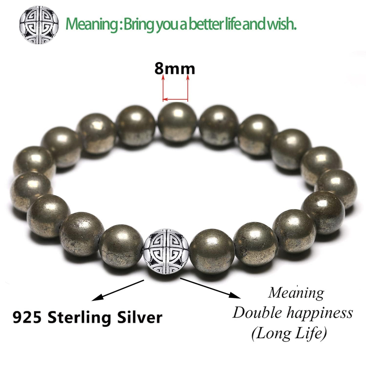 MetJakt Healing Crystals Beaded Bracelets for Womens Natural Gemstone 8mm Beads Stretch Bracelets with 925 Sterling Silver Double Happiness Pendant (Pyrite)