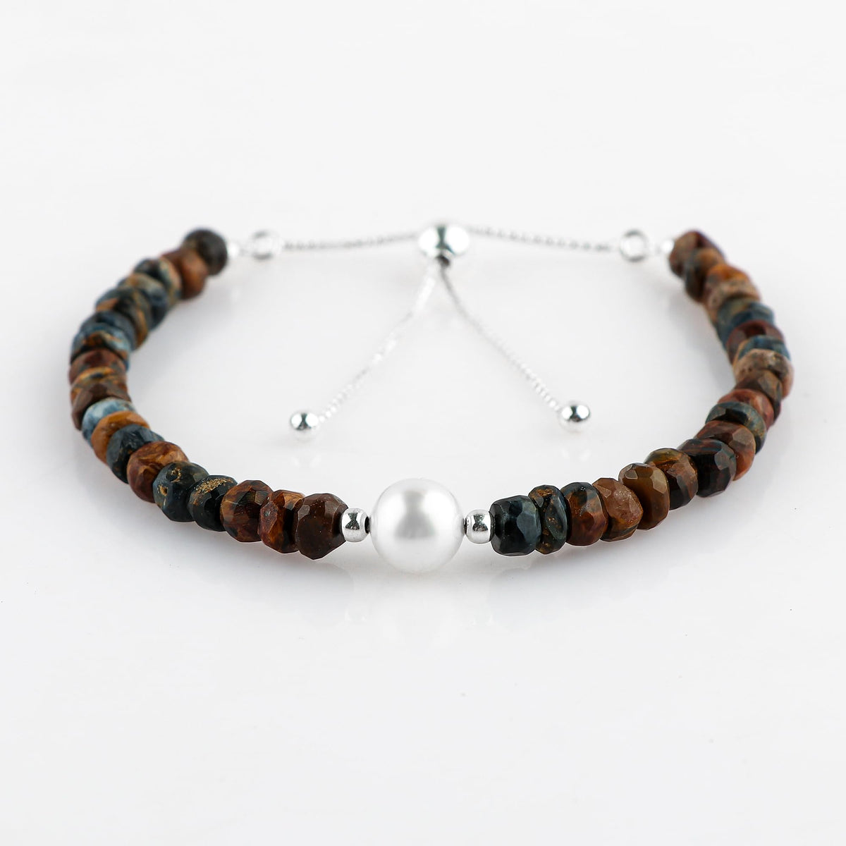 CRYSTALINES Natural Pietersite Gemstones Beads Bolo Bracelets with Pearl, Handmade, Birthstone, Beaded Bracelet, Real Crystals Jewelry, Women Bracelet, Silver Plated Adjustable Chain 6+4inch, A Grade