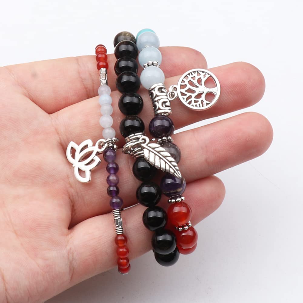UEUC Natural Gemstone Chakra Bracelets for Women, Multilayer Tree of Life Lotus Crystal Healing Stone Bracelet Sets, Yoga Meditation Reiki Relax Bracelets for Stress Relief(#81)