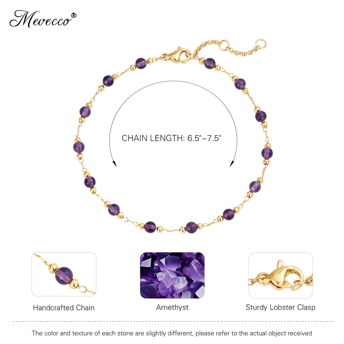 MEVECCO Gold Bracelet for Women 18K Gold Plated Amethyst Stone Custom Handmade Mixed Beaded Charm Chain Bracelet Stack Jewelry Gifts