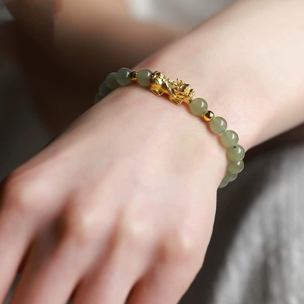 Long tiantian Green Beaded Bracelet for Women with Gold Tone Pixiu Charm, Minimal Stretch Bracelet with Round Beads for Daily Wear and Thoughtful Gifting