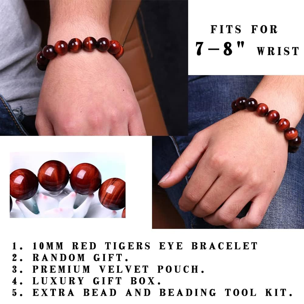 10MM Red Tigers Eye Bracelets for Women Men, Fits for 7.5" Wrist, Talisman of Good Luck & Wealth | Root Chakra Crystal | Gemstones of Passion Courage | Handmade Stretch Jewelry choice