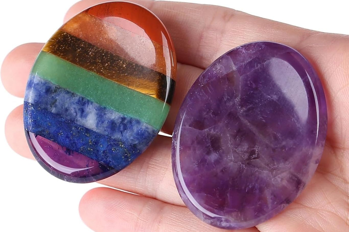 QINJIEJIE Thumb Worry Stones for Anxiety Amethyst Chakra Crystals Healing Stones Oval Palm Pocket Worry Stone Reiki Meditation Crystal Anxiety Gift Stocking Stuffers for Women 2PCS
