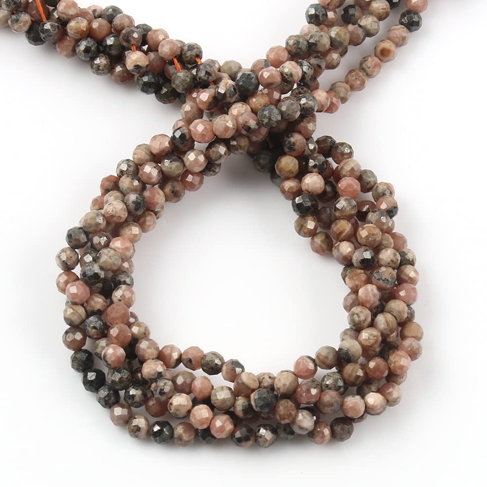 Song Xi 180pcs 2mm Natural Black Stripe Rhodochrosite Gemstone Beads Faceted Round Loose Stone Beads for Jewelry Making (1 Strand)