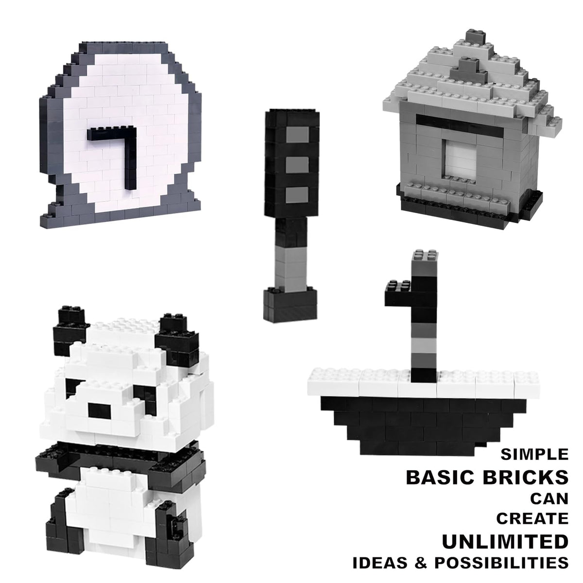 Building Bricks 1000 Pieces in Black, Dark Grey, Light Grey & White, Classic General Building Blocks Toys for Boys & Girls, Bulk Basic Brick Tiles for Adult's Building Projects