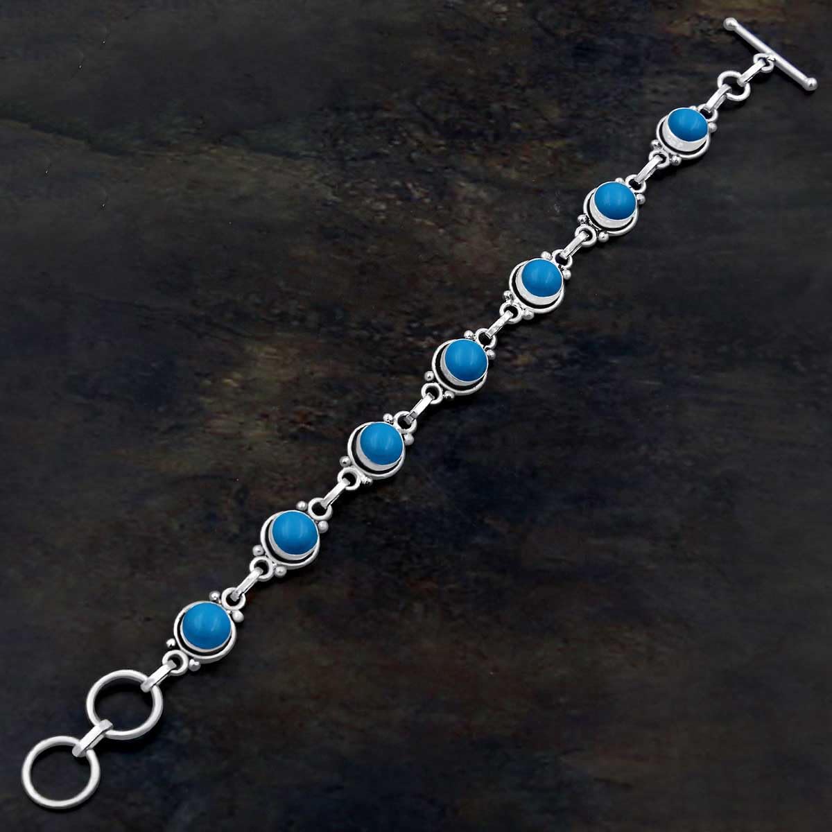 Synthetic Blue Turquoise 925 Silver Plated Adjustable Bracelet for Women - Round Gemstone Bohemian Vintage Style Handmade Link Bracelet - Gifts for Mom Wife Sister Her
