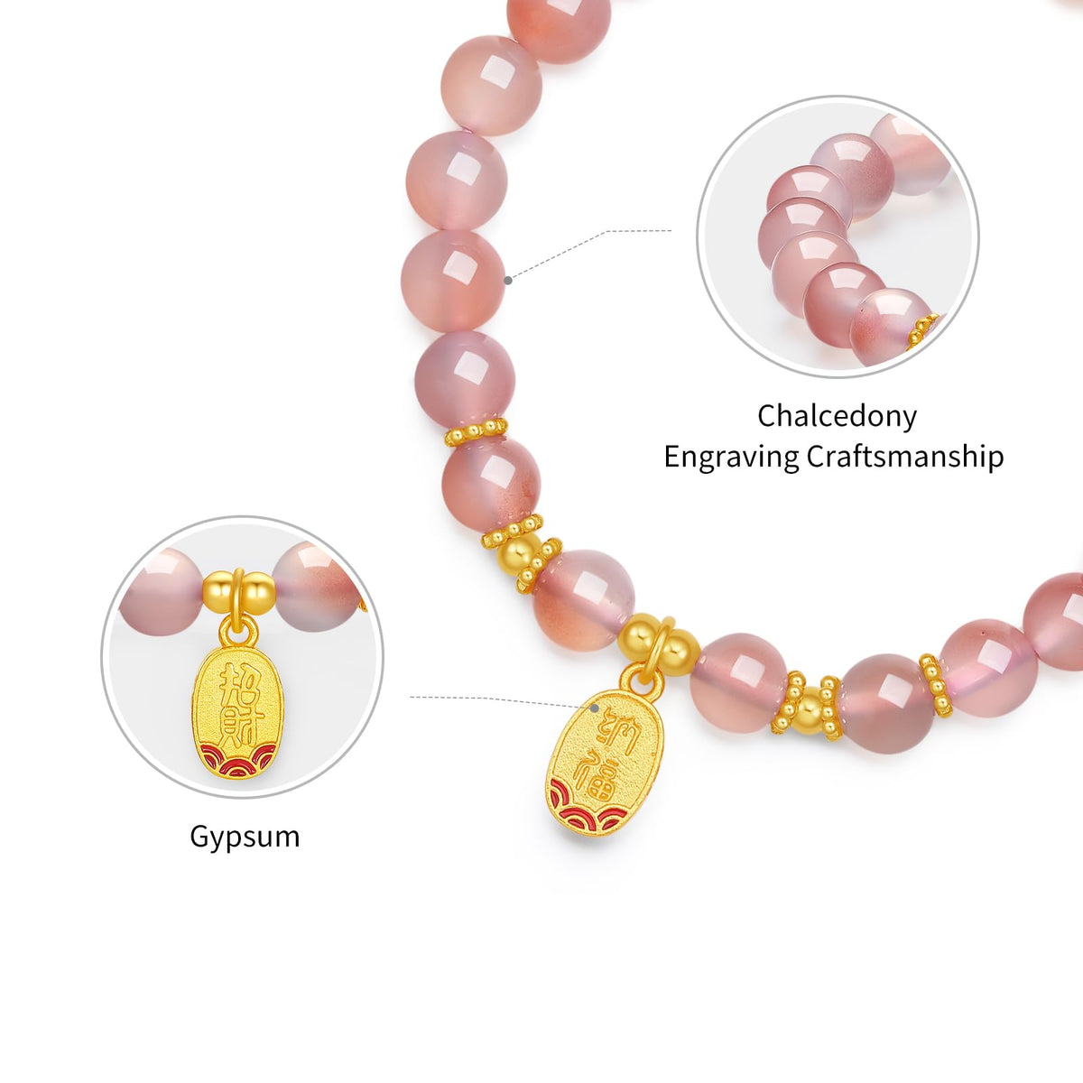 ZHOU LIU FU Sterling Silver Bracelet Silver Pink Agate Beaded Bracelets Fortune Pendant Stretch Bracelet Lucky Jewelry for Women Mom Daughter Birthday 6.7"/17CM J1914587