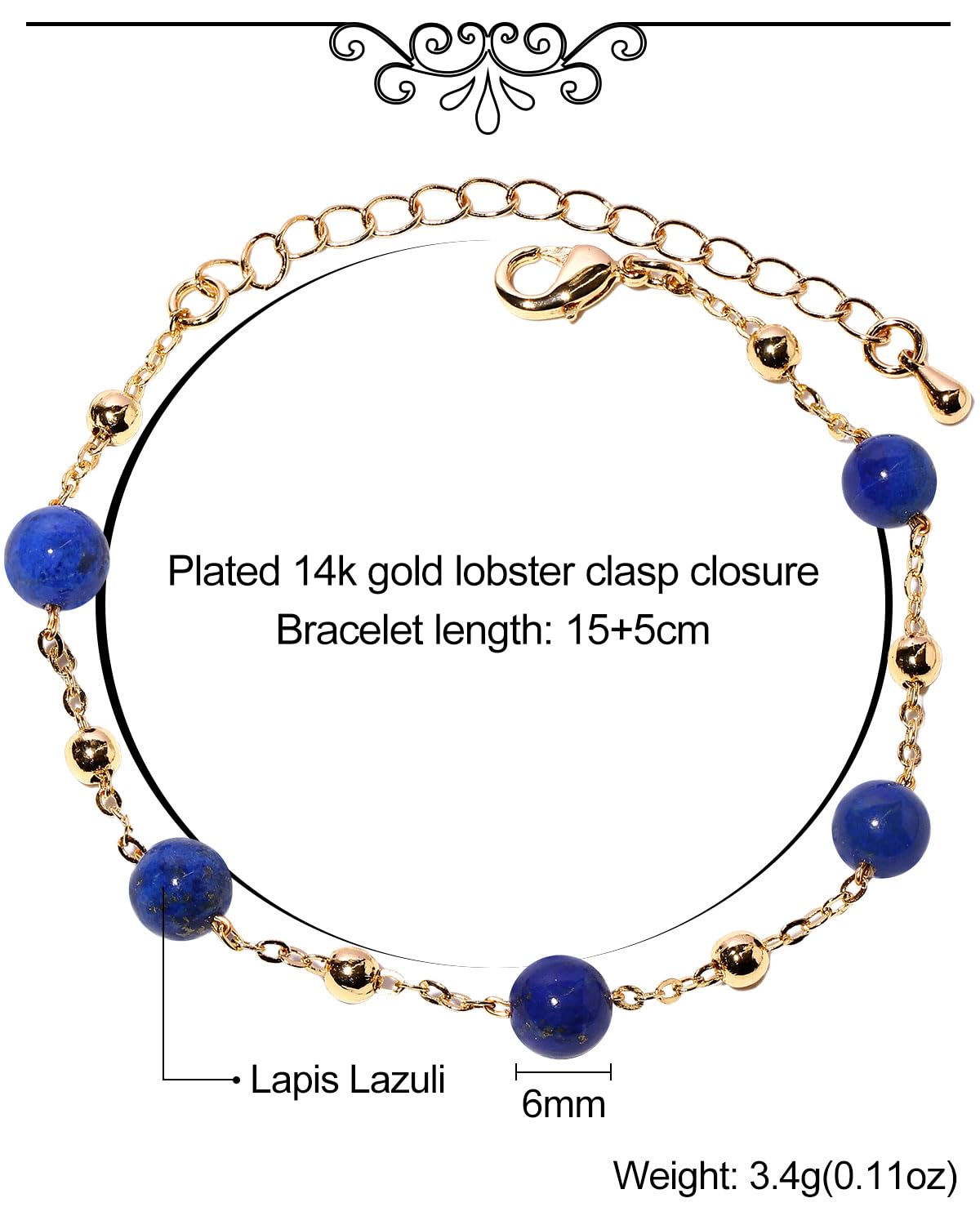 Xfoxstal 14k Gold Plated Chain Bracelets for Women Crystals and Stones Bracelets Jewelry Adjustable (Lapis Lazuli)