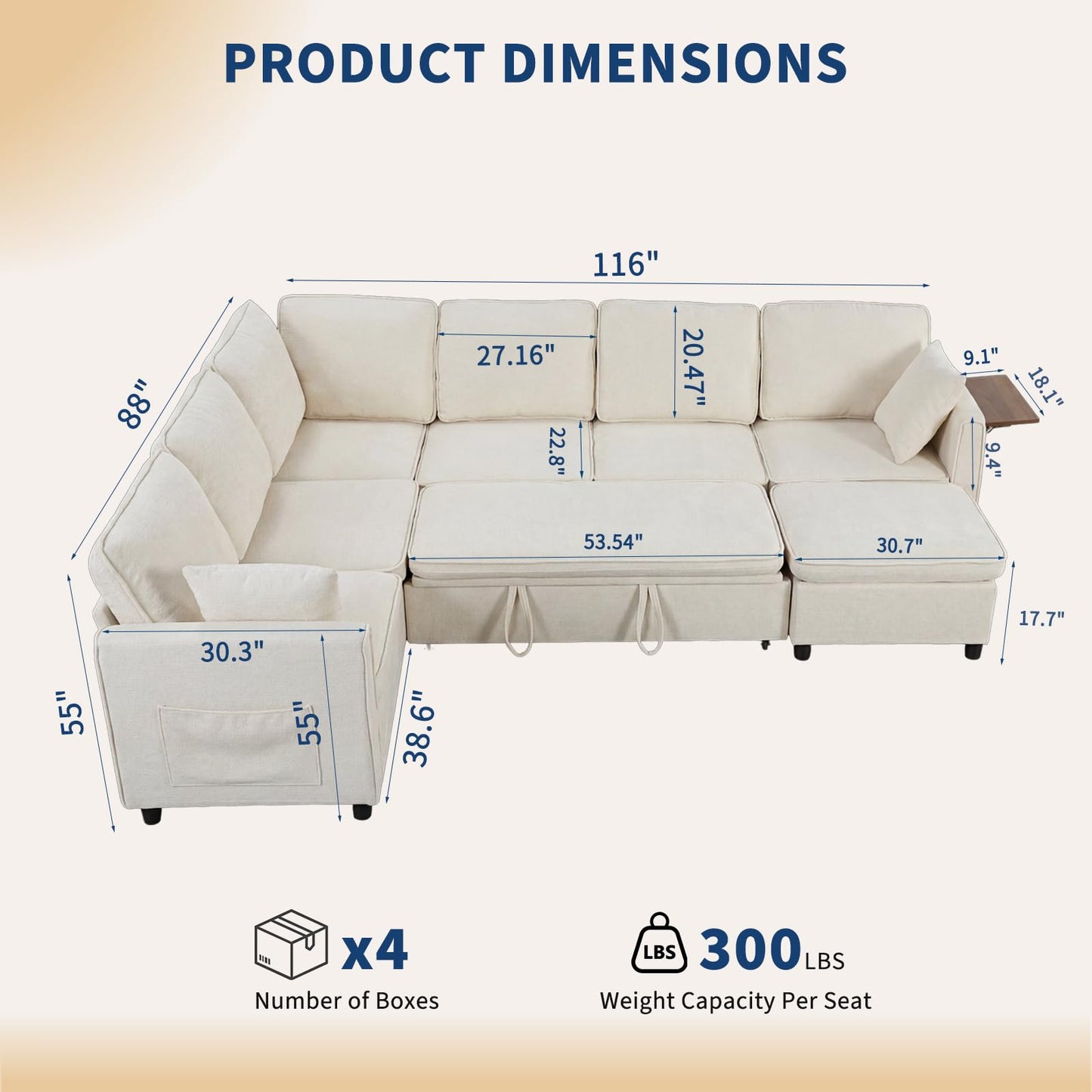 Modular Sectional Sleeper Sofa with Pull Out Bed, 116" Large U Shaped 7 Seater Sectional Couches with Ottoman, Charging Port & Foldable Side Table, Comfy Chenille Cloud Sofas for Living Room, Beige