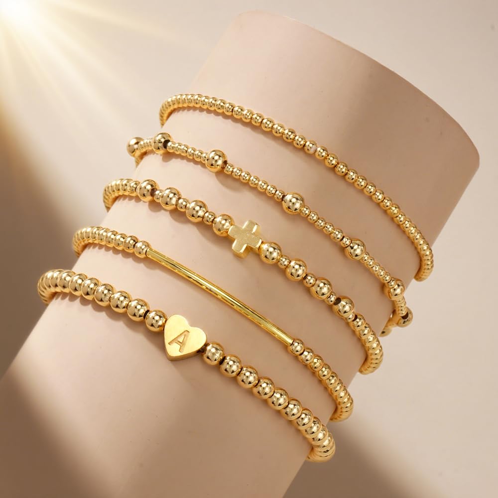 14K Gold Cross Beaded Initial Bracelet Stack for Women,Dainty Stretch Gold Plated Letter A Stackable Bracelets Bohemian Layered Prom Holiday Party Accessories Jewelry Gift Friendship