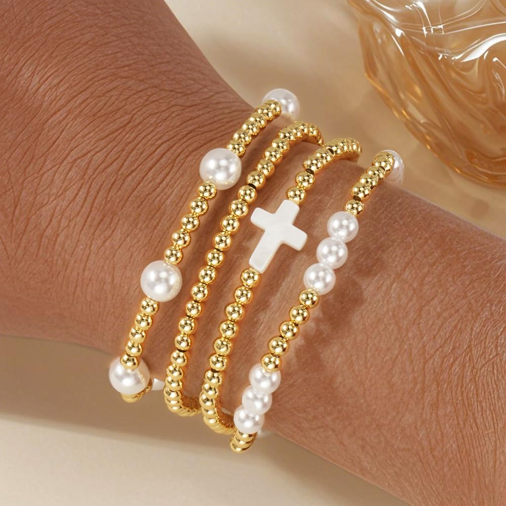 Bohxantium Stackable Gold Beaded Bracelets for Women - Stretch 14K Gold Beads Boho Pearl Cross Bracelet Stack Non Tarnish Trendy Jewelry Set Friendship Christian Gift for Women