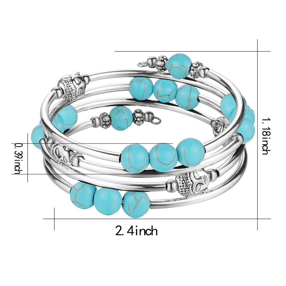 PEARL&CLUB Beaded Chakra Bangle Turquoise Bracelet - Fashion Jewelry Wrap Bracelet with Thick Silver Metal and Mala Beads, Birthday Gifts For Women(58-Turquoise)