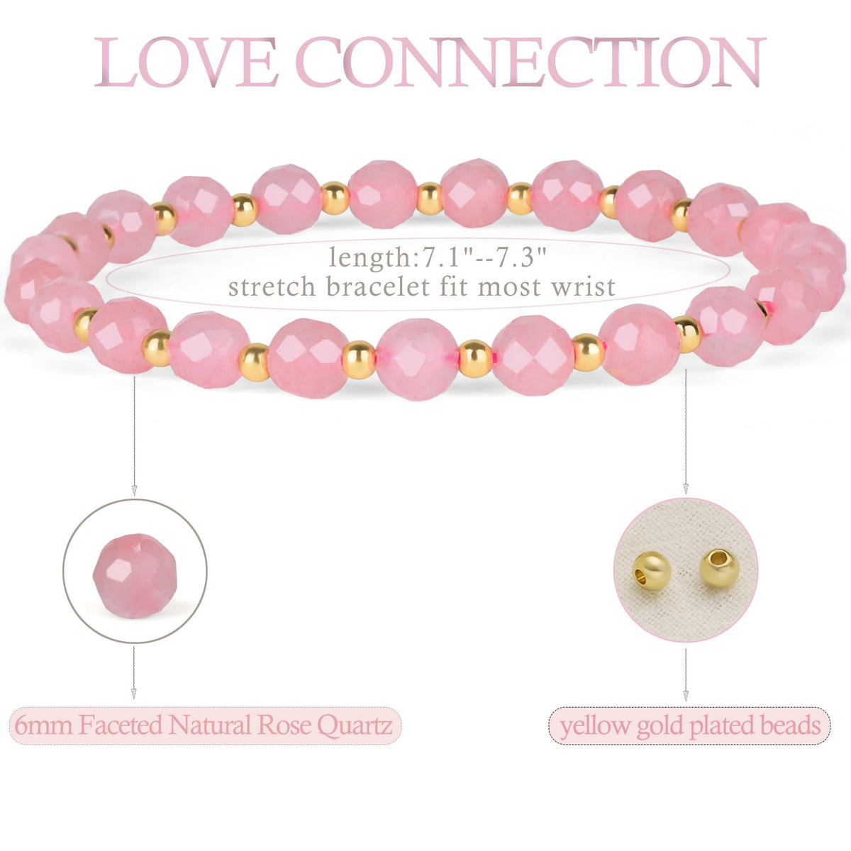 QOGIR Rose Quartz - Love Connection - 14K Gold Plated Beads Natural Gemstone Stretch Elastic Dainty Healing Beaded Bracelets Gifts 6mm