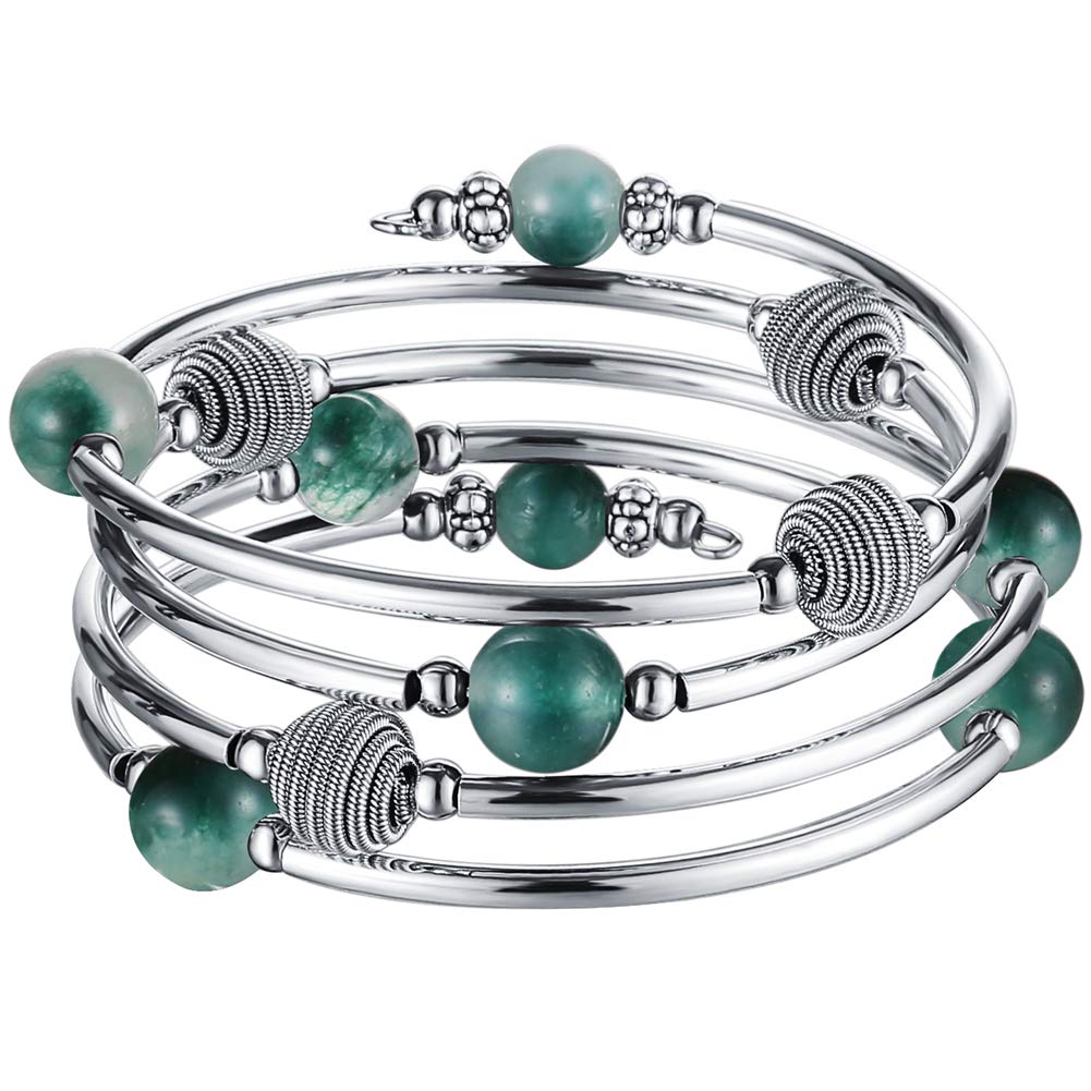 PEARL&CLUB Beaded Chakra Bangle Turquoise Bracelet - Fashion Jewelry Wrap Bracelet with Thick Silver Metal and Mala Beads, Birthday Gifts For Women(63-Jade Green)