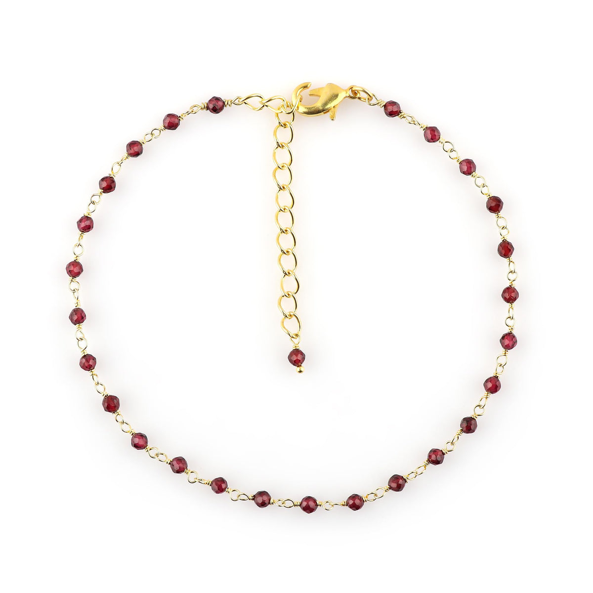 JOR Natural Garnet Beaded Rosary Anklet, Handmade Craft, Anklet Beads Bracelet, Chakra Healing Anklet, Gemstone Women Jewelry, Dainty Gold Plated Anklet 9 inch + 2 inch (1pcs)