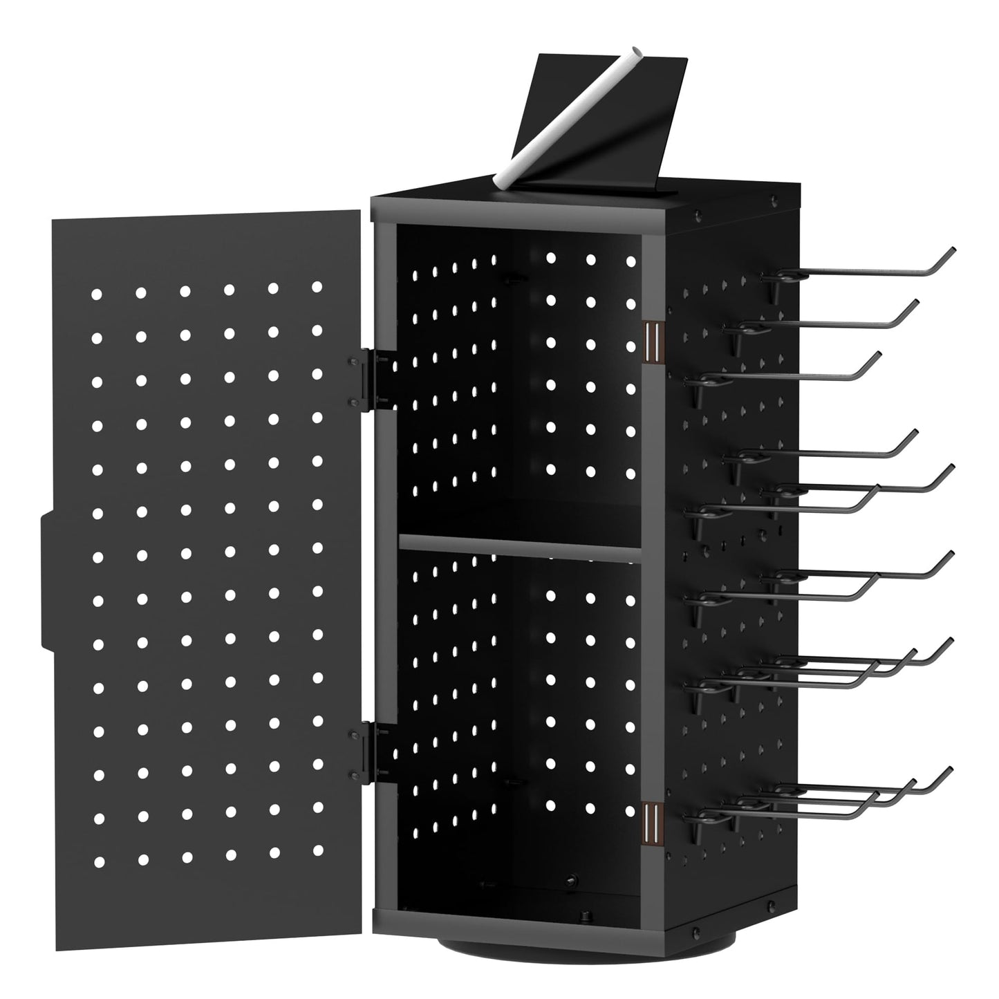 Alyoen Rotating Pegboard Display Stand With 24 Hooks - Metal Spinning Peg Board Organizer Accessories with Magnetic Door Design, Magnet Display Stand for Keychain, Jewelry, Earring（Black）