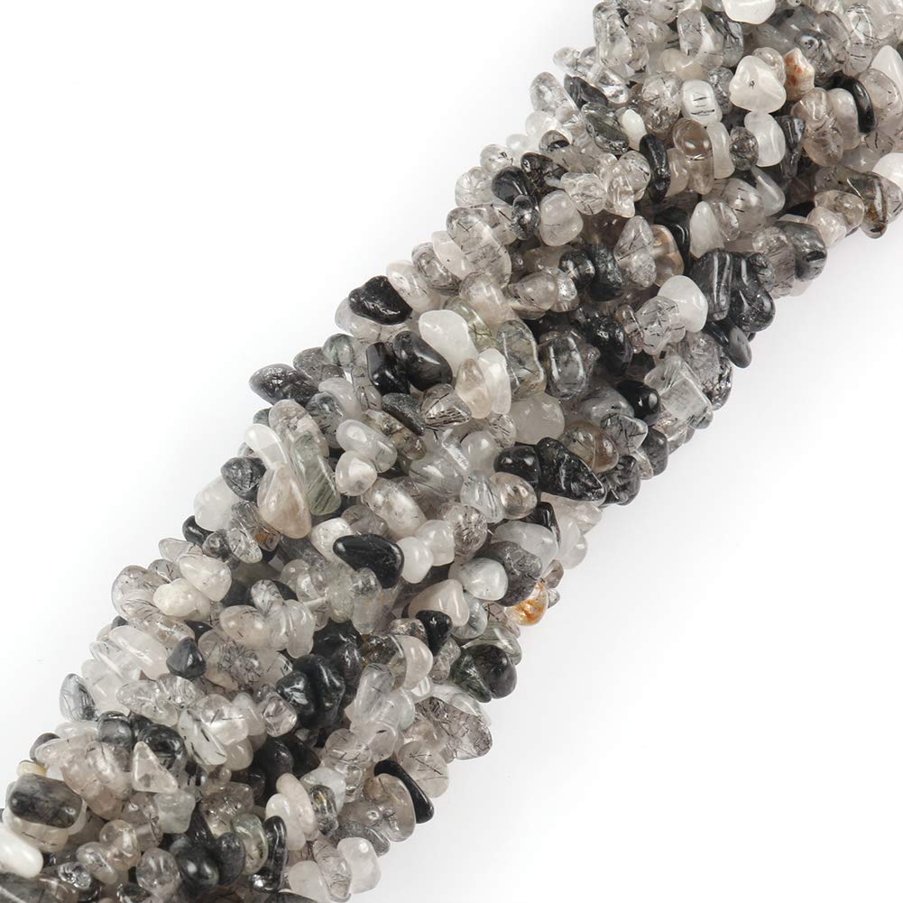 HAAMIIQII 5-8mm Natural Black Rutilated Quartz Chips Beads Irregular Chip Stones Loose Gemstone Energy Healing Beads for Jewelry Making Strand 30 Inch