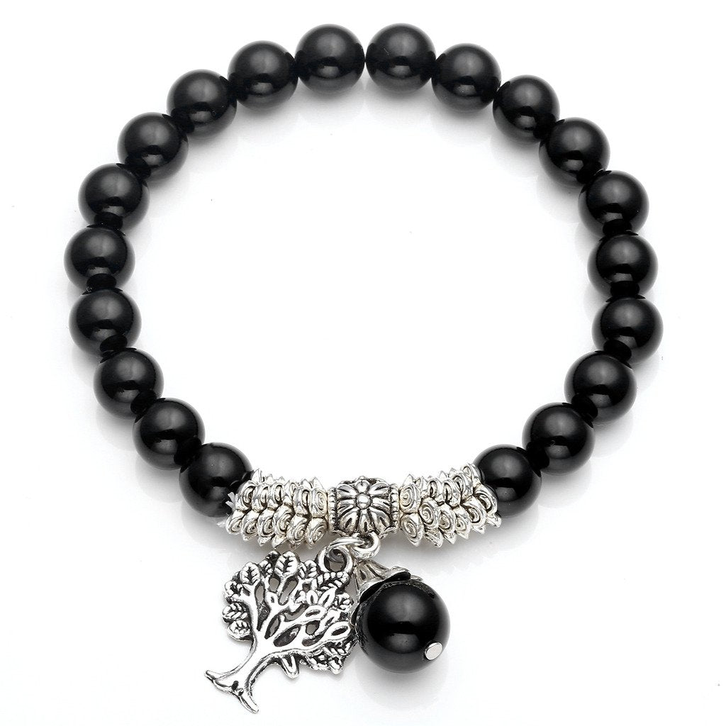 Jovivi 8MM Natural Black Agate Onyx Gemstone Healing Point Tree Life Lucky Charm Stretch Bracelet