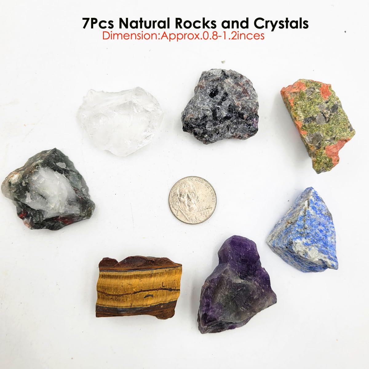 7Pcs Rocks for Tumbling,Energy Raw Crystals Set of Clear Quartz,Lapis Lazuli,Amethyst,Unakite,Africa Bloodstone,Tiger's Eye,Flame Yooperlite (Crystals for Tumbling)
