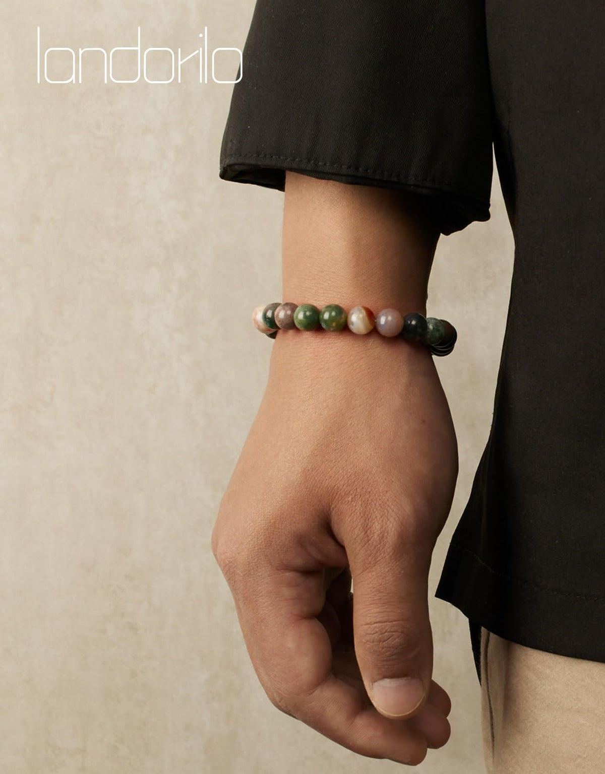 Landorilo Beaded Bracelet for Men Women, 8mm Natural Stone Indian Agate Healing Crystal Stretch Bracelets, Ideal Christmas Birthday Jewelry Gifts with Energy Card，Replacement Beads Included