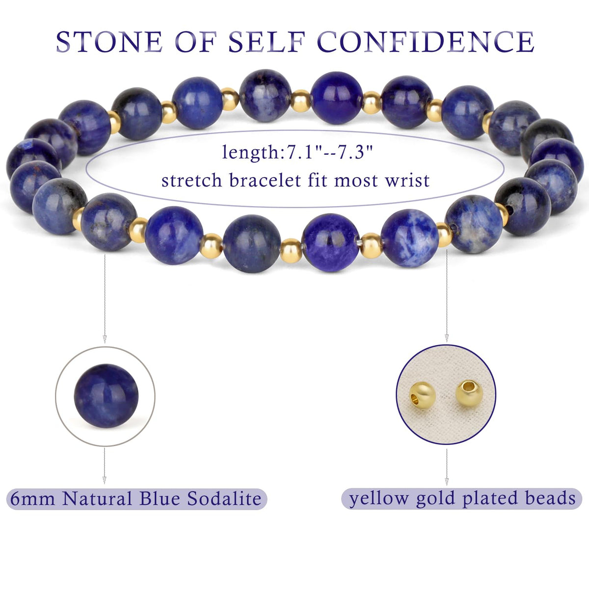 QOGIR Blue Sodalite - Self Confidence - 14K Gold Plated Beads Natural Gemstone Stretch Elastic Dainty Healing Beaded Bracelets Gifts 6mm