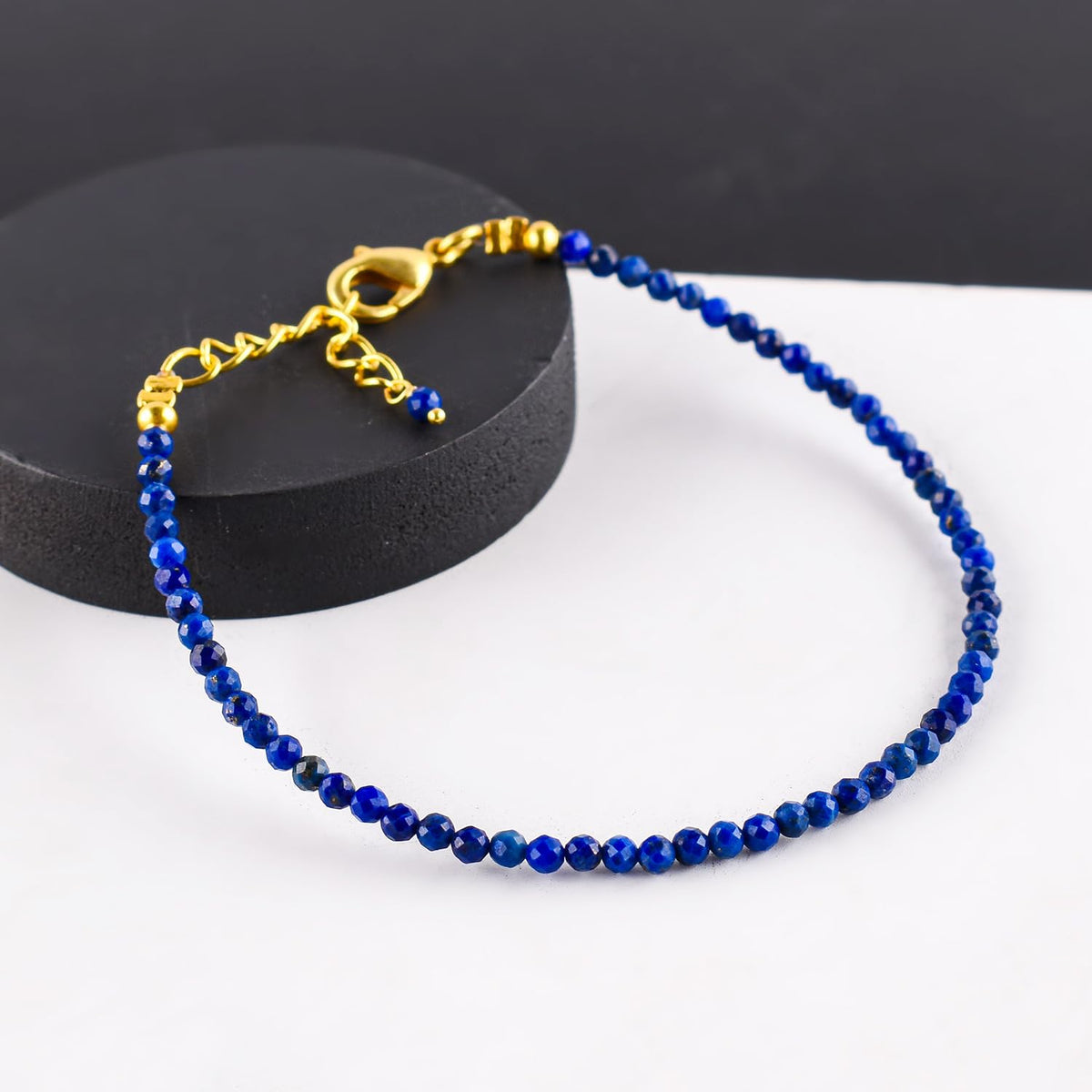 Natural Blue Lapis Lazuli Gemstone Micro Beads Dainty Bracelet Jewelry for Women, Birthstone, Chakra Energy Crystals, 14k Gold Plated Chain 8 inch Adjustable
