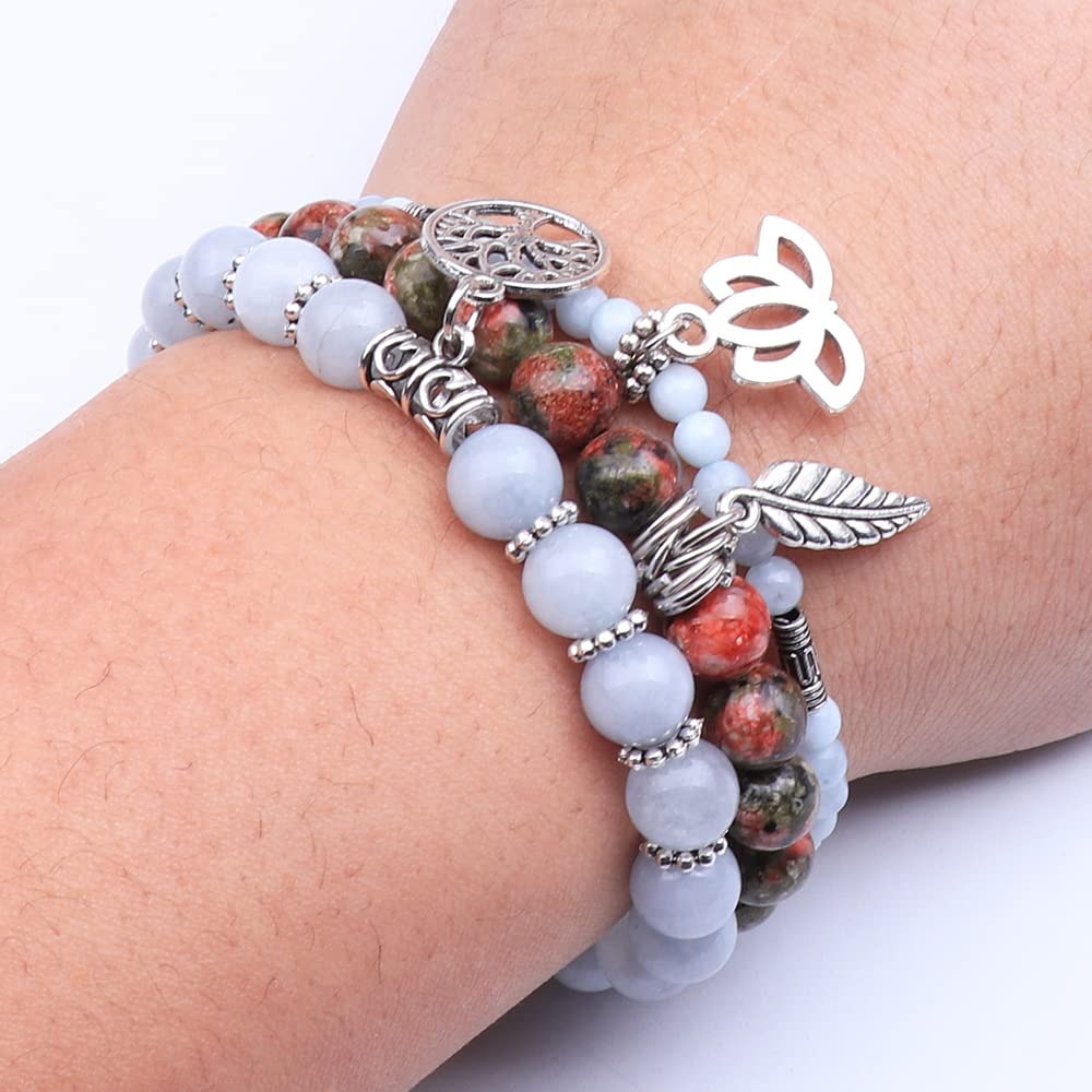 UEUC Tree of Life Yoga Healing Stone Bracelets, Multilayer Lotus Chakra Stone Reiki Bracelet Sets, Anxiety Crystal Natural Stone,for Women Stress Relief(#70)