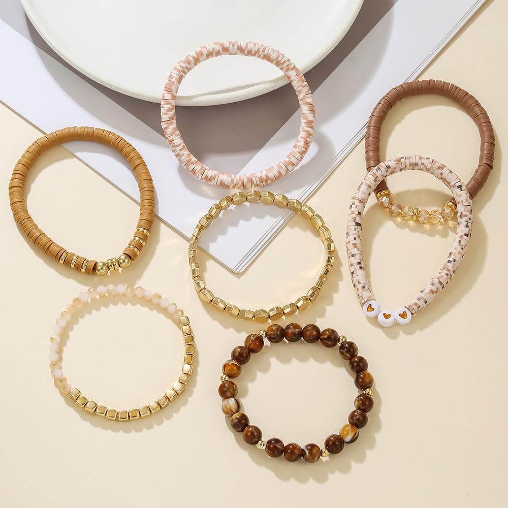 YEOSMINE Boho Heishi Clay Beaded Stretch Bracelets Stack For Women, Preppy Teens Friendship Gold Bracelets Cute Beach Surfer Accessories Bulk Set Trendy Fashion Jewelry